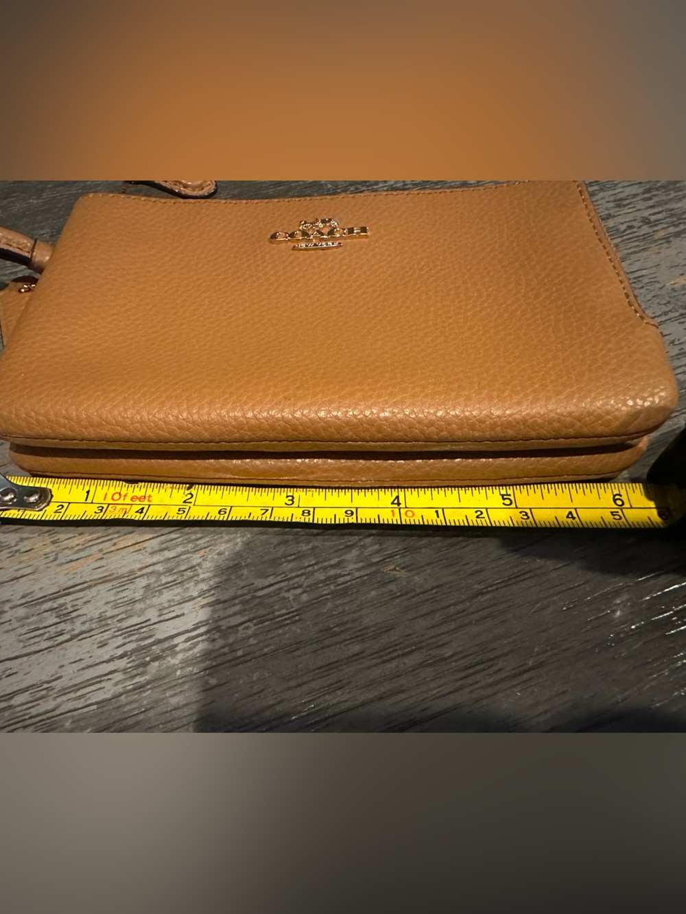 Like New Coach Leather Double Corner Zip Wristlet with Gold Logo Saddle Tan - Picture 12 of 13